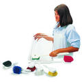 Short handle utility brush color coded with polypropylene block 8 inches long 3 inch trim length polyester bristles 40541