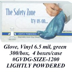 Disposable vinyl gloves green Heavy Duty Vinyl  6.5 mil  Large Size  Lightly Powdered  300 per box