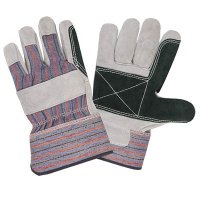 Glove   Durable Leather Has A Double Leather Palm with a striped canvas back.